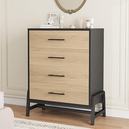 GarveeHome 4 Dresser for Bedroom, 38.6" Tall Dresser, Tall Drawer with Storage Freestanding, Wooden Closet Storage Chest for Living Room, Bedroom, Entryway, Natural Oak + Black