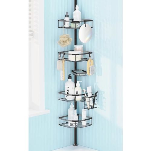 Shower Caddy Tension Pole, 4-Tier Adjustable Corner Shower Standing Caddy, Rustproof Shower Rack for Bathroom Bathtub, with 4 Shelves, No Drilling Shower Shelf for Inside Shower (Black)