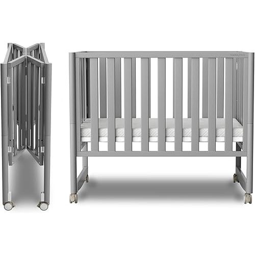 EvoNook 7-in-1 Convertible Mini Crib - Easy Assembly, Portable Folding Baby Mini Crib with Wheels, 100% New Zealand Pinewood, 4 Adjustable Mattress Heights (Crib, Pebble Grey)
