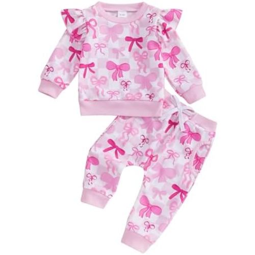 Toddler Baby Girl Fall Clothes Cute Bow Print Ruffle Long Sleeve Sweatshirt and Pants Set 2Pcs Waffle Knit Outfit