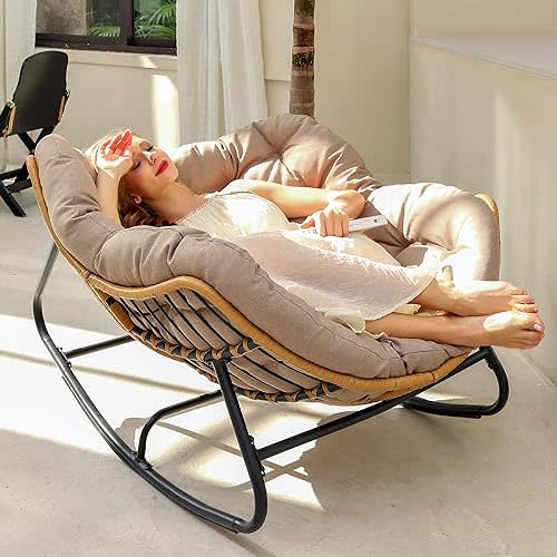 Outdoor Patio Rocking Chair, Indoor Oversized Chair with Cushion, Wicker Papasan Chair for Living Room, Porch, Garden, Lawn-Cream