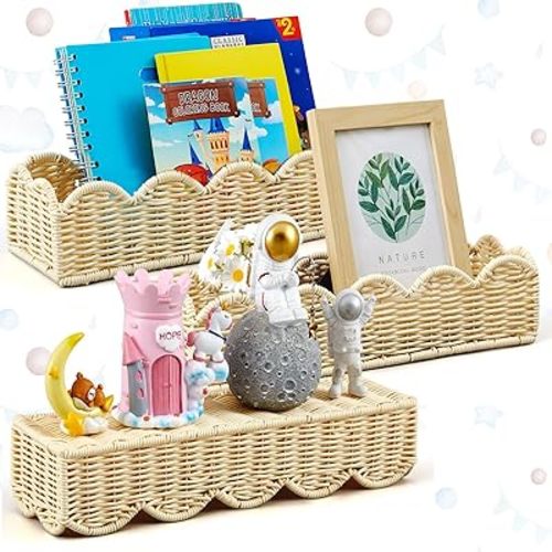 Pinkunn 3 Set Nursery Book Shelves Scalloped Rattan Wall Shelf 15.8 x 3.2 Inch Wall Mounted Plastic Floating Book Shelve, Hanging Boho Wicker Woven Shelf for Nursery Decor and Storage (Boho Beige)