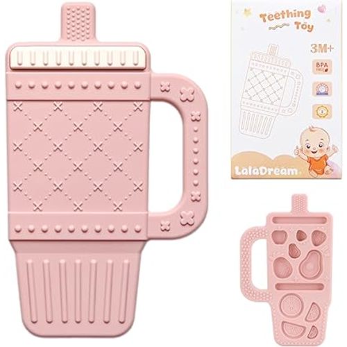 Baby Teething Toy Silicone Baby Teether for 3 6 12 18 Months Infant Tumbler Cup Shape Babies Teething Relief with Handle Toddler Chew Toys Food Grade BPA Free Teether Toys for Boys Girls Carol Pink