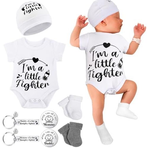 Toulite NICU Preemie Baby Gift Set I'm Little Fighter Preemie Baby Hat and Bodysuit Cotton Socks with Keychain Coin