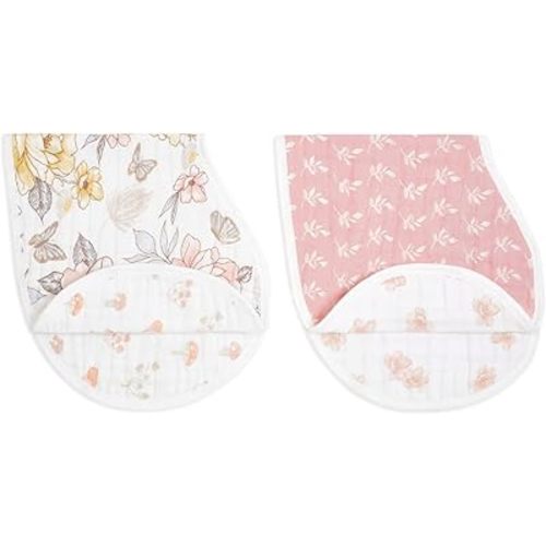 aden + anais 100% Organic Cotton Muslin Burpy Bib – Multi-Use, Absorbent 4-Layer Burp Cloth & Full-Coverage Snap-Closure Baby Bib, Lap-Shoulder Drool Cloth, 22.5” X 11”, 2-Pack, Earthly