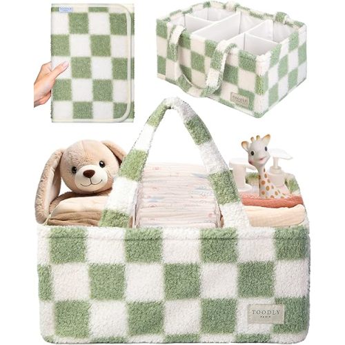Checkered Diaper Caddy Organizer with Portable Changing Mat - Teddy Fleece Diaper Organizer for Changing Table - Caddy Organizer with Removable Dividers - Green and White