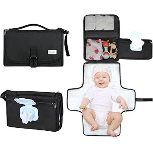 LANDICI Portable Diaper Changing Pad for Newborn Girl & Boy, Travel Waterproof Baby Changing Pad with Smart Wipes Pocket, Detachable Diaper Changing Mat, Gifts for Baby Newborn Essentials, Black