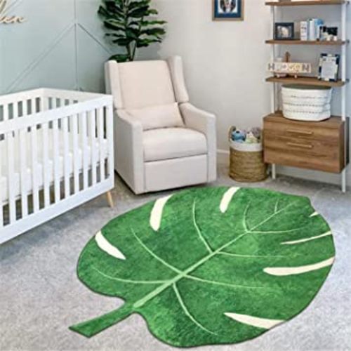 LIVEBOX Monstera Area Rug 44"x55", Soft Washable Nursery Rug Non-Slip Play Mat for Baby Kids Room Playroom Boho Green Leaf Carpet for Living Room Bedroom Entryway