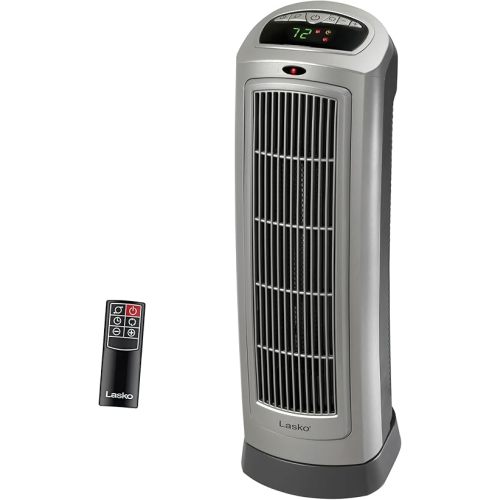 Lasko Oscillating Digital Ceramic Tower Heater for Home with Adjustable Thermostat, Timer and Remote Control, 23 Inches, 1500W, Silver, 755320