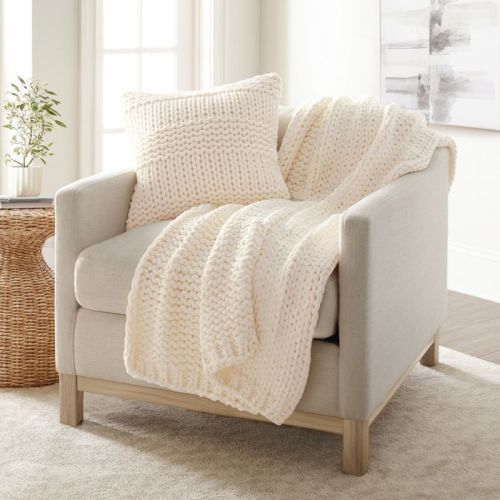 Chunky Knit Throw Blanket And Decor Pillow Bundle - Becky Cameron, Ivory, Throw