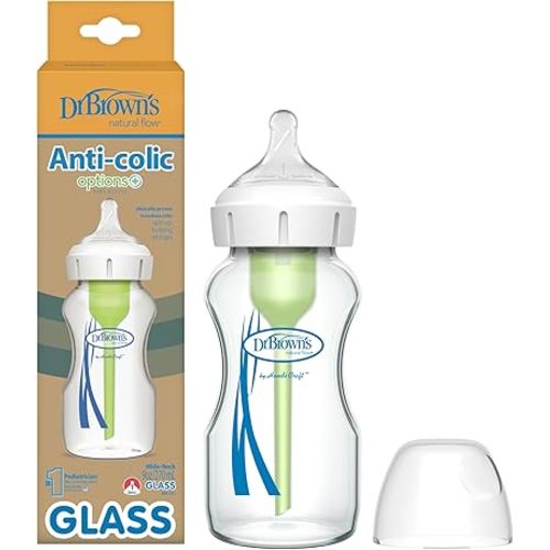 Dr. Brown's Natural Flow Anti-Colic Options+ Wide-Neck Glass Baby Bottle 9 oz/270 mL,with Level 1 Slow Flow Nipple,1 Pack,0m+