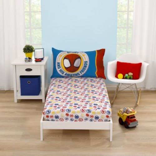NoJo Marvel Spidey and His Amazing Friends Blue, Red, Yellow, and Green, Team Up 2 Piece Toddler Sheet Set