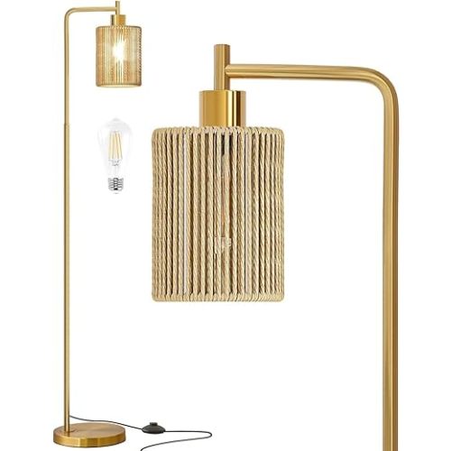 Oneach 66" Gold Floor Lamp for Living Room, Boho Floor Lamp with LED Bulb, Foot Switch, Rattan Shade, Industrial Tall Farmhouse Standing Lamp for Bedroom, Dining Room, Study Room, Office