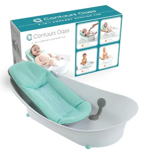 Contours Oasis 4 in 1 Comfort Cushion Baby Bathtub, Portable Infant Bath Seat, Supportive for Newborns and Toddlers 0-24 Months, Grow with Me Design, Quick Dry Mesh Pad, Easy to Clean, Blue/White