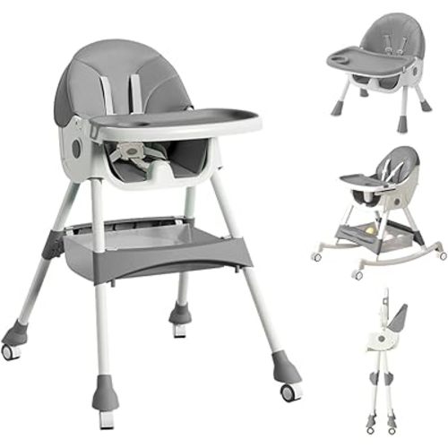 High Chairs for Babies and Toddlers, 4 in 1 Convertible Baby High Chair, Portable High Chair for Travel with Adjustable Height and Back, Foldable HighChair with Wheels& Pu Cushion (Grey)