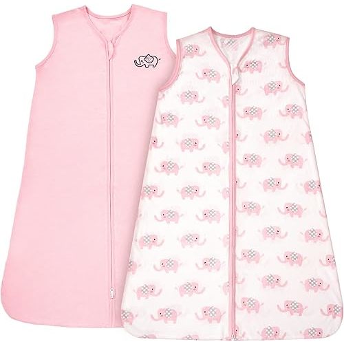 TILLYOU Sleep Sack 12-18 Months - 0.5 TOG Baby Wearable Blanket with 2-Way Zipper, Extra Soft Cotton Sleeveless Sleeping sack 2 Pack, Pink Elephant