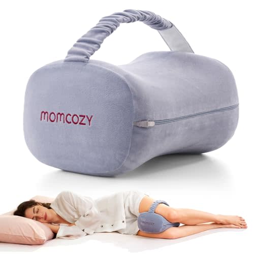 Momcozy Knee Pillow for Side Sleepers, Soft Memory Foam & Pinch-Free Design, Relieve Knee, Leg and Sciatica Pain, Adjustable Elastic Strap Ideal for Pregnant Women and Seniors, Crystal Velvet in Gray
