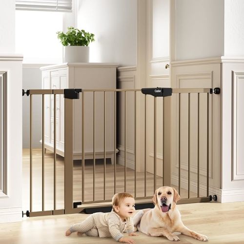Baby Gates for Doorways Extra Wide, Safety Dog Gate for Stairs, Easy Walk Thru Auto Close Pet Gates for The House, Brown