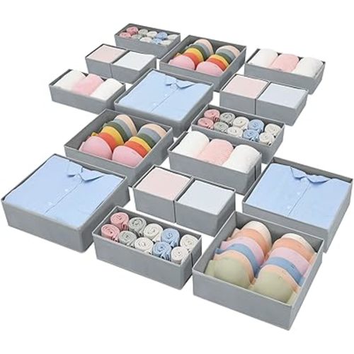 DIMJ Drawer Organizers Clothes Dresser Organizers - Drawer Divider Wardrobe Clothe Organizer Bra Organizer Foldable Underwear Multifunctional Drawers for Storage, Bra,Sock,Tie,18 Pack,Grey
