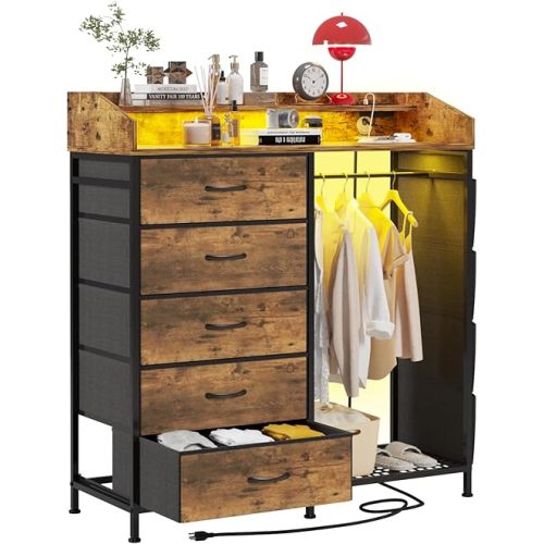 LUMTOK 2-in-1 Dresser with Hanging Racks,5 Fabric Drawers Dressers with LED Lights, Charging Station for Bedroom Living Room, Entryway, Closets (Rustic Brown)