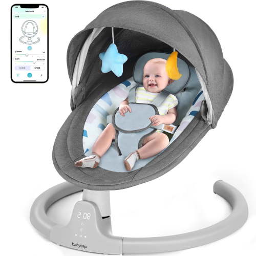 Babyeap Baby Swing for Infants - APP Remote Bluetooth Control, 5 Speed Settings, 10 Lullabies, USB Plug (Gray)