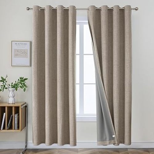 Joydeco 100% Blackout Curtains 90 inches Long, Black Out Room Darkening Curtains 2 Panels Set Burg for Bedroom Living Room, Natural Linen Blackout Curtains 2 Panels Set Burg(52x90 inch, Linen)
