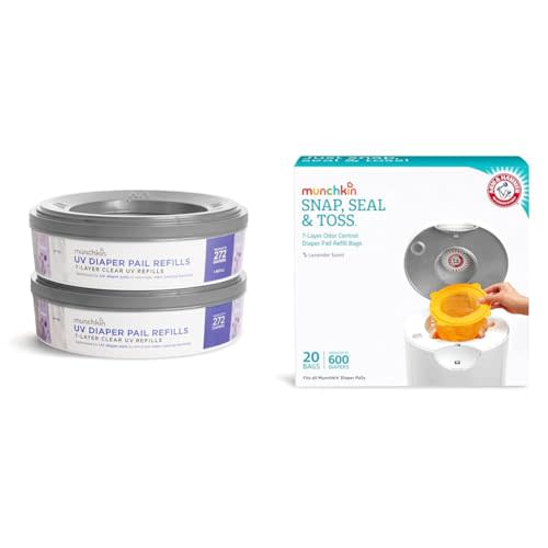 Munchkin UV Diaper Pail Refill Rings 272 Count Pack of 2, Diaper Pail Refill Bags Holds 600 White 20 Count