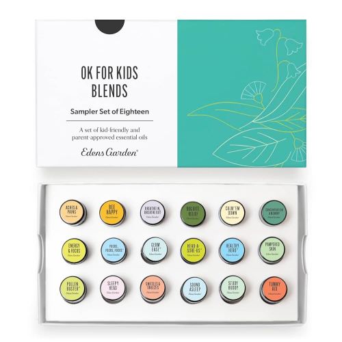 Edens Garden OK For Kids Essential Oils Sampler 18 Set – 100% Pure Therapeutic Grade, Aromatherapy Scents for Gentle Skin Care, Diffusers & Home – Natural, Undiluted & Family Friendly, .92 ml/ 18 Pack