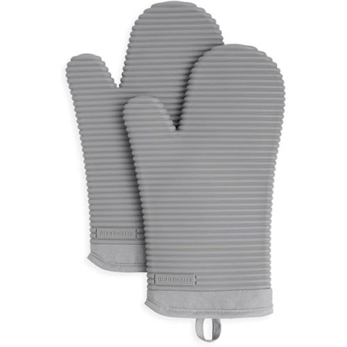 KitchenAid Ribbed Soft Silicone Oven Mitt Set, 7"x13", Grey 2 Count