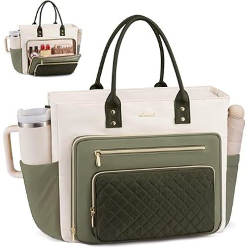 LOVEVOOK Teacher Tote Bag for Women Work, Laptop Bag With Large Cup Holder, Nurse Bags Professional Briefcase Business Computer Purses Handbag,Light Green-Beige-Olive Green,15.6 Inch