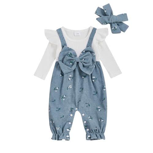 mlpeerw Newborn Baby Girl Clothes Ruffle Sleeve Jumpsuit Corduroy Floral Romper+Headband Cute Fall Winter One Piece Outfit