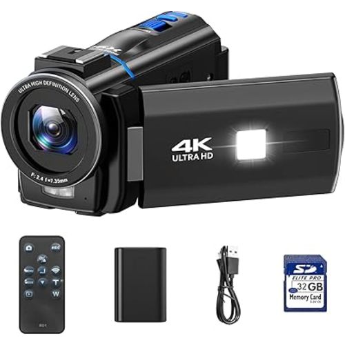 Video Camera Camcorder 4K 30fps 48MP with IR Night Vision, 16X Digital Zoom Cam Corder 3.0" 270° Rotation Touch Screen Video Recorder for YouTube with Remote Control, Battery, 32GB SD Card