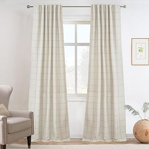 DriftAway 2 Panels 100% Blackout Windowpane Plaid Linen Curtains Double Layer Drapes for Bedroom 108 Inches Long Farmhouse Thermal Insulated 3.25 Inch Rod Pocket Back Tab for Living Room Taupe