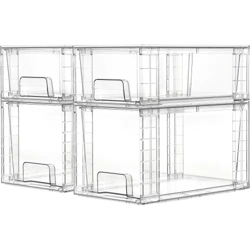Vtopmart 4 Pack Clear Stackable Storage Drawers,Easy to Assemble Bathroom Organizers and Storage with handles,Plastic Drawers for Kitchen Pantry,Cabinet,Under Sink Organization