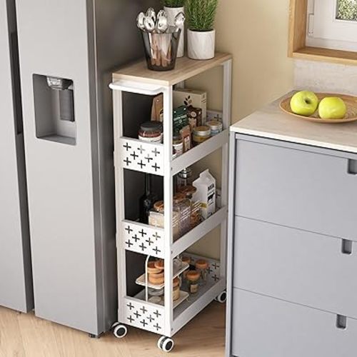 UMDONX 4-Tier Narrow Rolling Cart Space-Saving Organizer for Bathroom & Laundry Room, Slim Storage Cart Solution with Wheels White