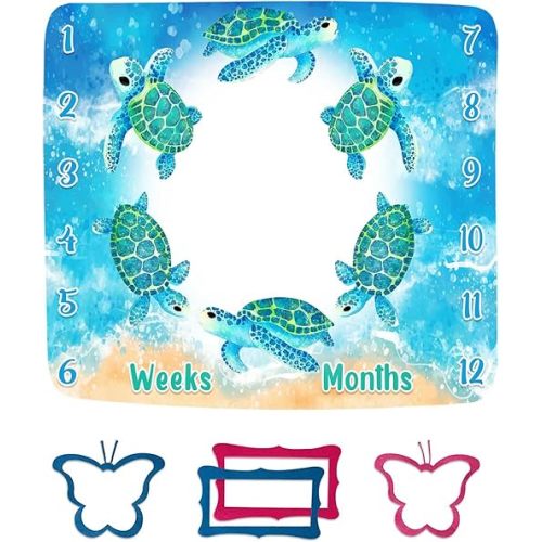 Turtle Milestone Blanket Blue Sea Life Baby Blanket Beach Newborn Gift with Week Months Swaddling Bag 48x40in BTLSFH127