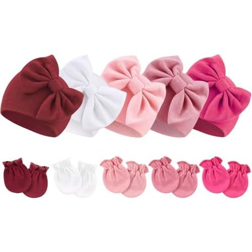 Newborn Baby Hats and Mittens Set Infant Bow Beanie Cap Toddler Gloves Newborn Hospital Hats for Baby Boy Girl 0-6 Months