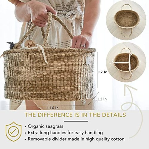 Baby Diaper Caddy Organizer - Handmade Organic Seagrass - Luxury Diaper Caddy Basket - Cute Diaper Caddy for Baby Girl & Diaper Caddy for Baby Boy - Nursery Basket