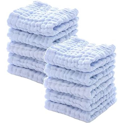 MUKIN Baby Washcloths - Natural Cotton Baby Wipes - Soft Newborn Face Towel for Sensitive Skin - 10 Pack, 12x12 inches