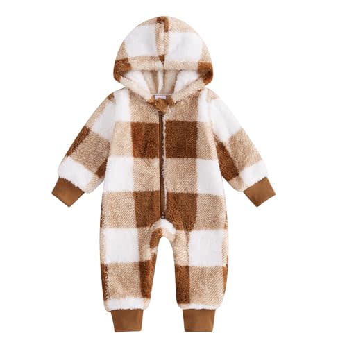 Dcohmch Baby Boy Girl Winter Clothes Checkered Hooded Jumpsuit Plush Fleece Zip-up Coat Newborn Infant Winter Suit