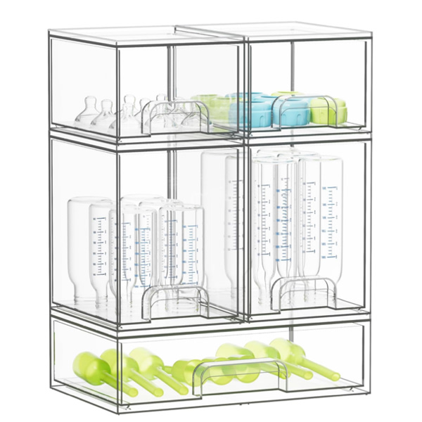 Stackable Storage Drawers Set of 5, Clear Plastic Organizer Bins for Baby Bottle, Ideal for Kichen Countertop, Cabinet, Pantry Organization