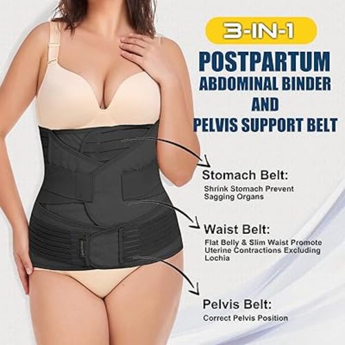 ChongErfei 3 in 1 Postpartum Belly Wrap - Recovery Belly/Waist/Pelvis Belt Black Postpartum Belly Band, Black XL