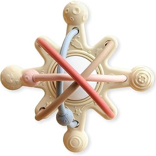 Lulyboo Baby Silicone Sensory Teething Planet, Easy to Grip, Self Soothing Pain Relief for Teething, 0-12 Months, Neutral Colors