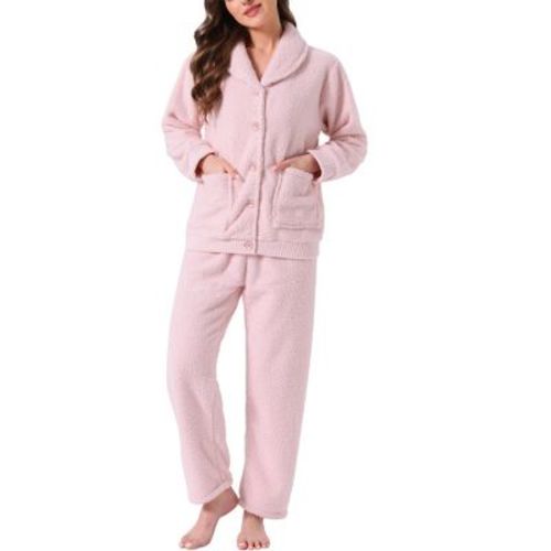 INSPIRE CHIC Women's Fleece Fluffy Plush Winter Button Down Tops with Pants Warm Pajama Sets