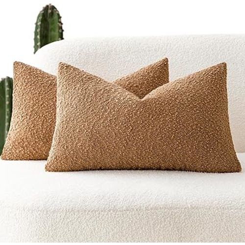 Foindtower Pack of 2 Textured Boucle Throw Pillow Covers Accent Solid Lumbar Pillow Cases Cozy Soft Decorative Couch Cushion Case for Chair Sofa Bedroom Living Room Home Decor, 12 x 20 Inch,Tobacco