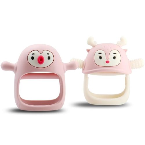 Smily Mia Baby Teething Toys for 0-6Months, Baby Teether for 6-12Months, Never Drop Penguin and Reindeer Baby Gift Set, Baby Chew Toys for 3M+, Hand Pacifer+Hand Teether Set, Light Pink