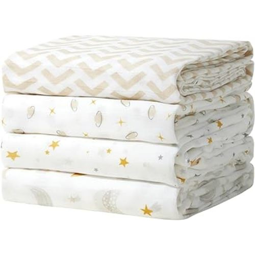 Momcozy Muslin Swaddle Blankets, 4 Pack Ultra Soft Neutral Swaddle Blanket, Breathable Large 47''x47'' Baby Infant Newborn Boys Girls Swaddling Receiving Blanket Wraps, Beige Star