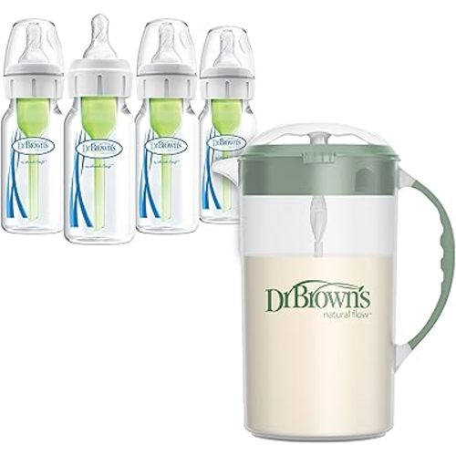 Dr. Brown's Baby Formula Mixing Pitcher 32oz, Olive with Anti-Colic Options+ Narrow Baby Bottles, 4 Pack, 4 oz