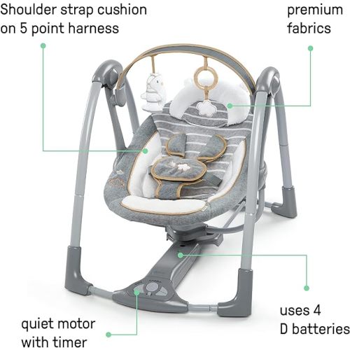 Ingenuity Swing 'n Go Deluxe 5-Speed Baby Swing with Cushioned Harness - Foldable, Portable, 2 Plush Toys & Sounds, 0-9 Months 6-20 lbs (Bella Teddy)