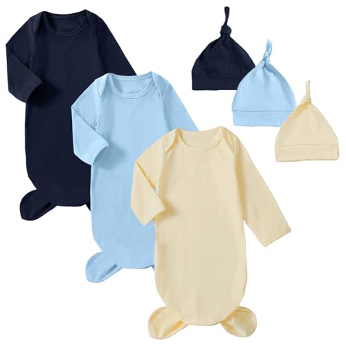 OPAWO Newborn Baby Knotted Gowns with Mitten Cuffs and Hat Baby Sleeper Gowns Coming Home Outfit for Baby Boy Girl 0-6 Months